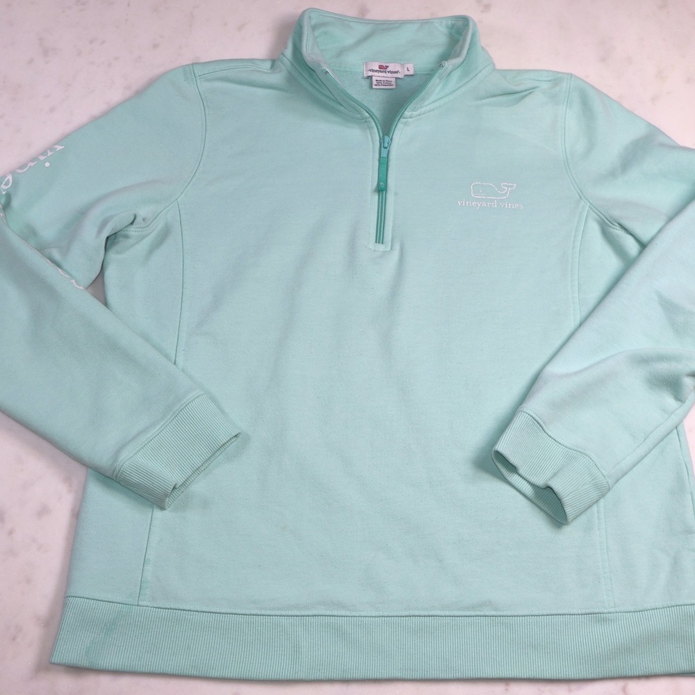 Vineyard Vines Womens Large Mint Green Quarter Zip Fleece Pullover Whale Logo - Picture 2 of 11